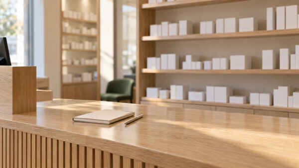 Aufgeräumte Apothekentheke aus hellem Holz im warmen Morgenlicht