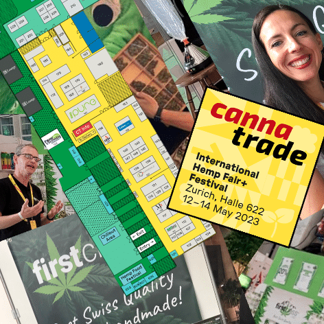 Collage aus Bilder von First Class CBD vergangener Hanfmessen mit Logo CannaTrade 2023 und Hallenplan