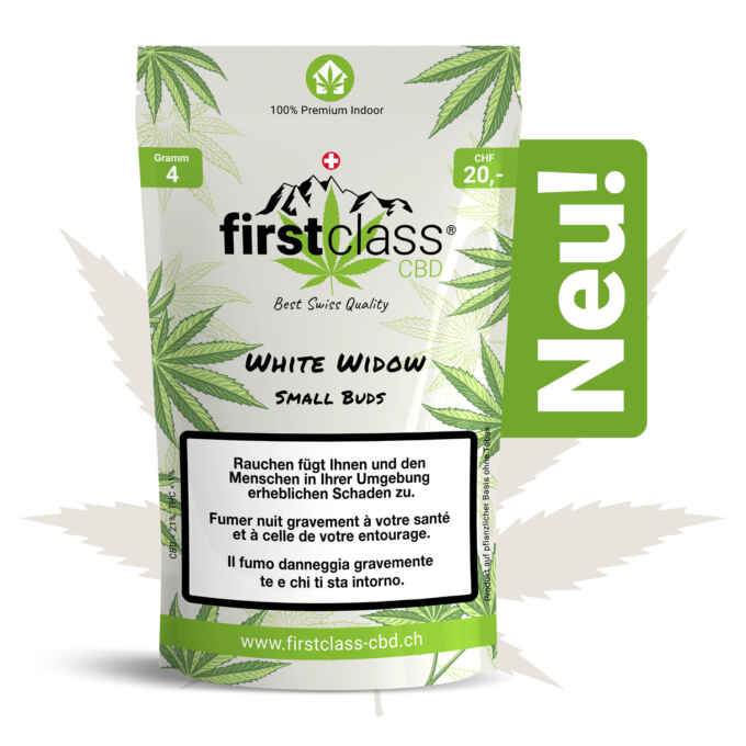 FirstClass CBD - CBD Cannabis White Widow Small Buds, neue Verpackung mit fluoreszierenden grünen Hanfblättern