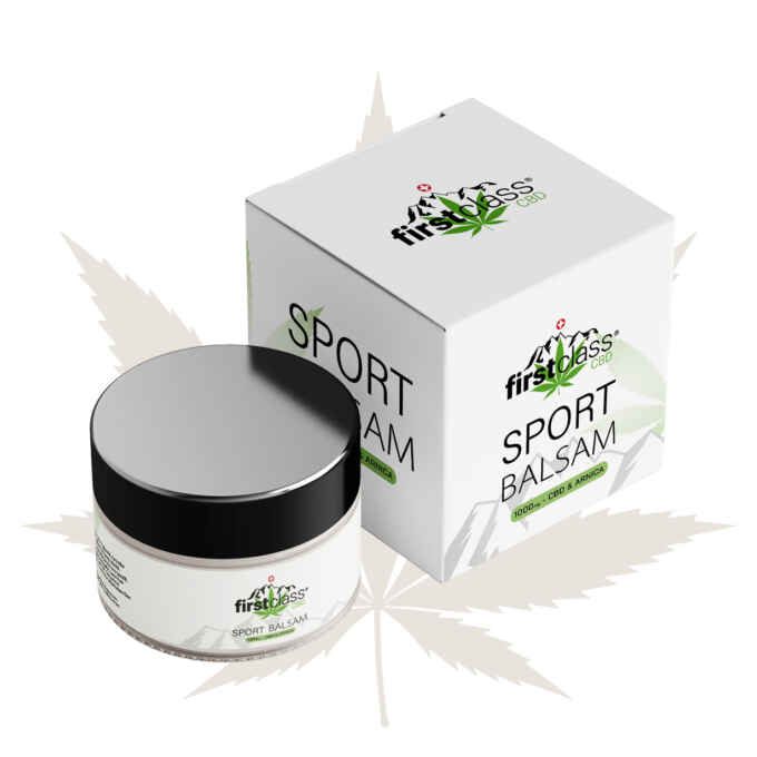 First Class CBD Sport Balsam mit 10 Kräutern, Arnika und CBD im Glas mit Deckel.