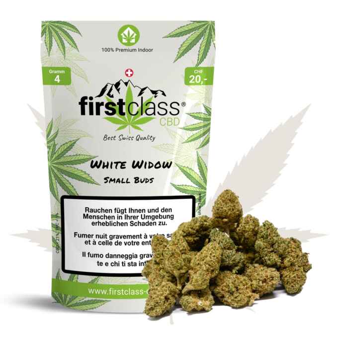 Produktbild von Small Buds White Widow 4g mit Blüten – erhältlich bei firstclass CBD Schweiz