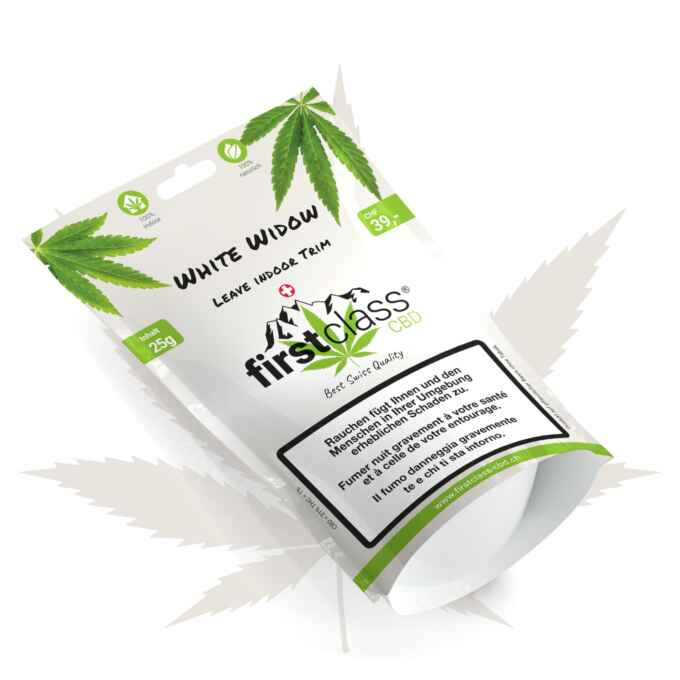Produktbild von White Widow Leave Indoor Trim 25g – erhältlich bei firstclass CBD Schweiz