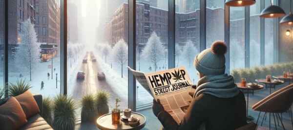 Presseschau Cannabis Februar 2024 – Mann mit Mütze und Schal sitzend mit Zeitung in den Händen im Café, liest das Hempt Street Journal