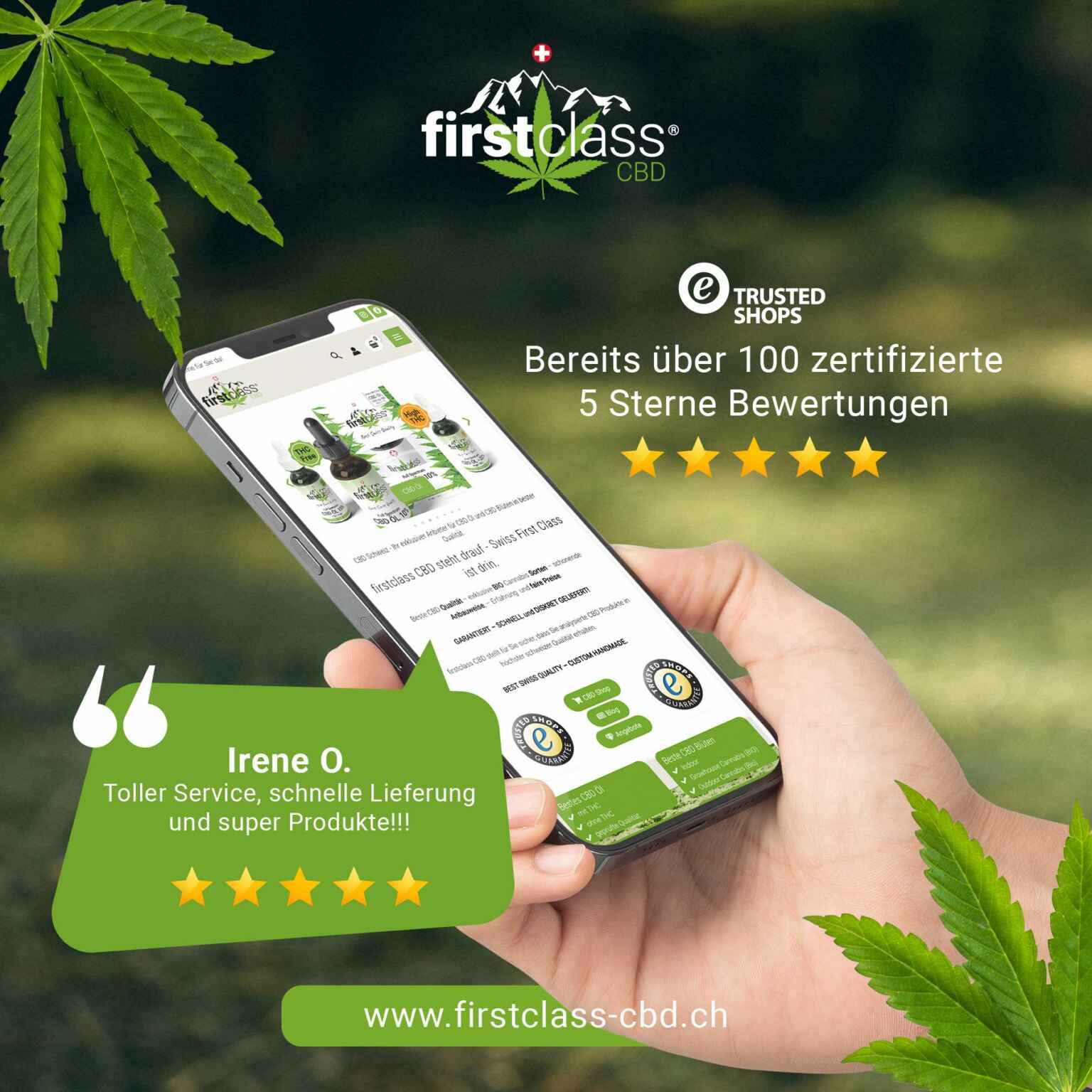 Über 100 echte 5-Sterne-Kundenbewertungen für firstclass CBD Produkte