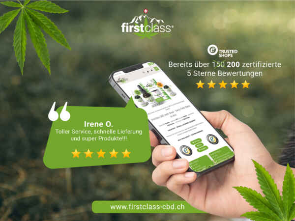 Trusted Shops Bewertung auf dem Handy mit 5 Sternen für firstclass CBD Schweiz