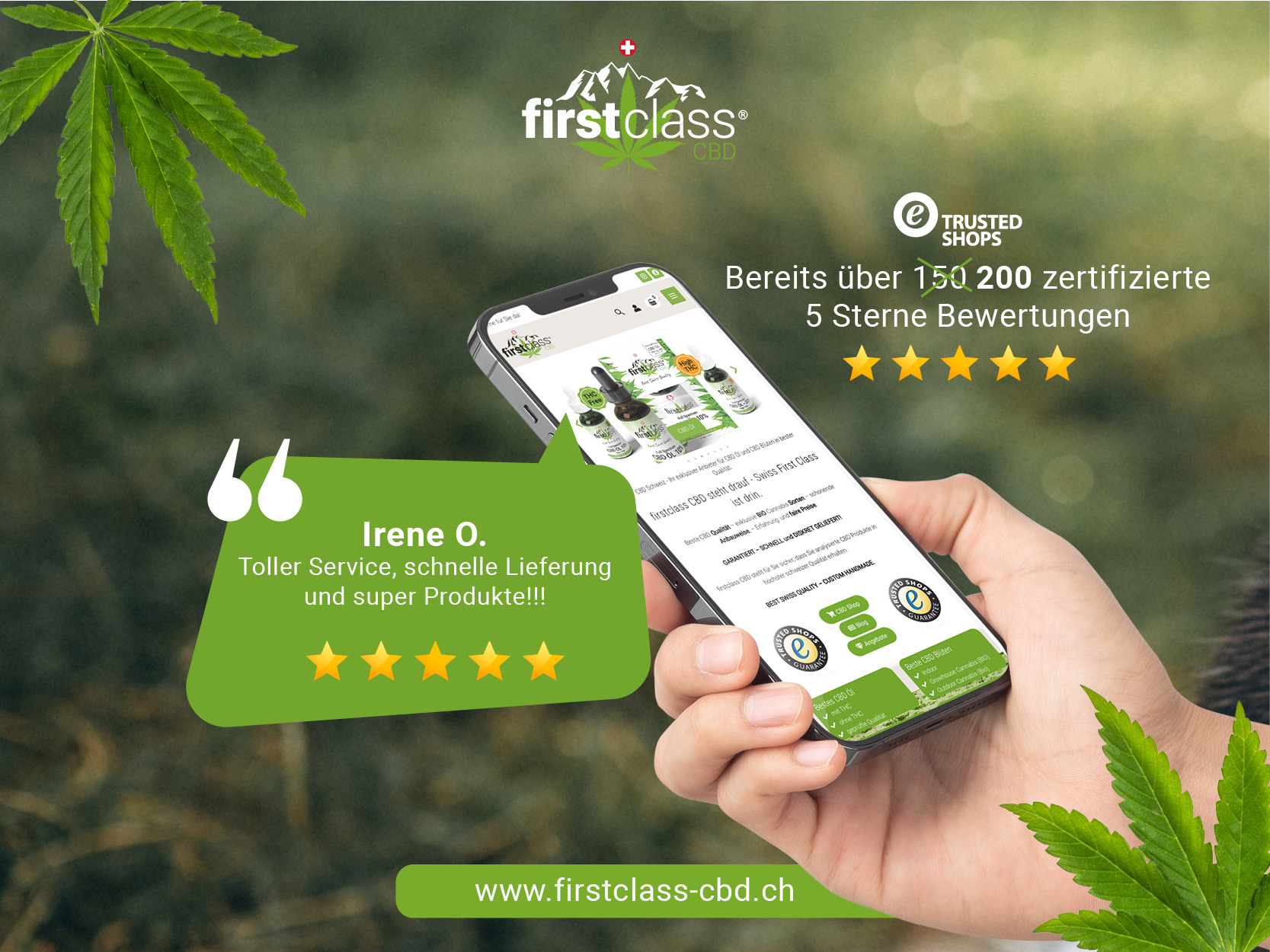 Trusted Shops Bewertung auf dem Handy mit 5 Sternen für firstclass CBD Schweiz