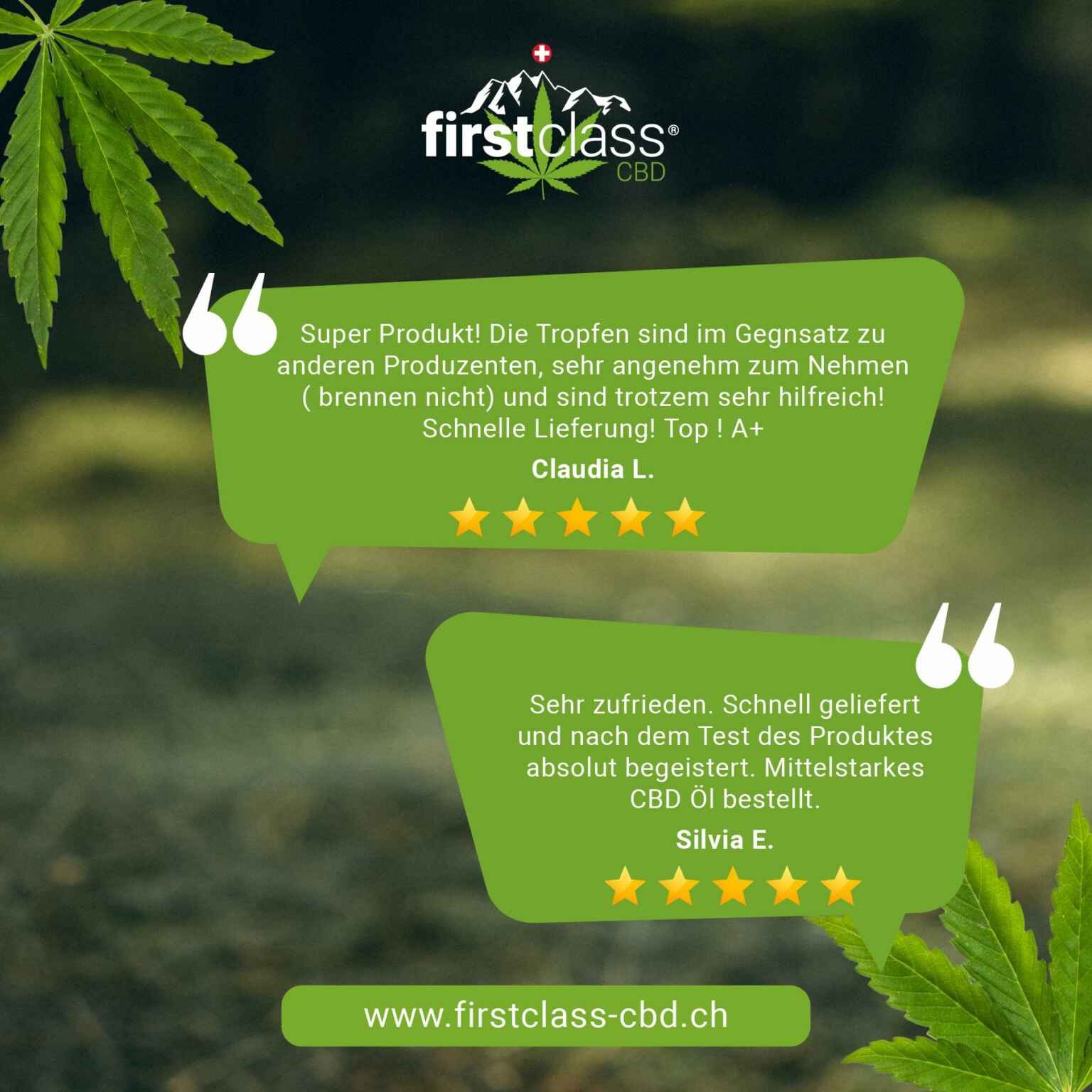 Zwei 5-Sterne-Kundenbewertungen für firstclass CBD Produkte