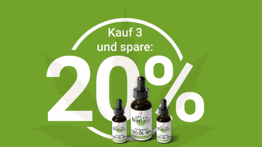 Produktebild von drei CBD Fläschen für 20% bei einem kauf von 3