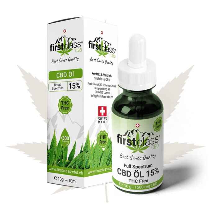 Produktbild von CBD Öl 15% thc-frei mit Verpackung – erhältlich bei firstclass CBD Schweiz