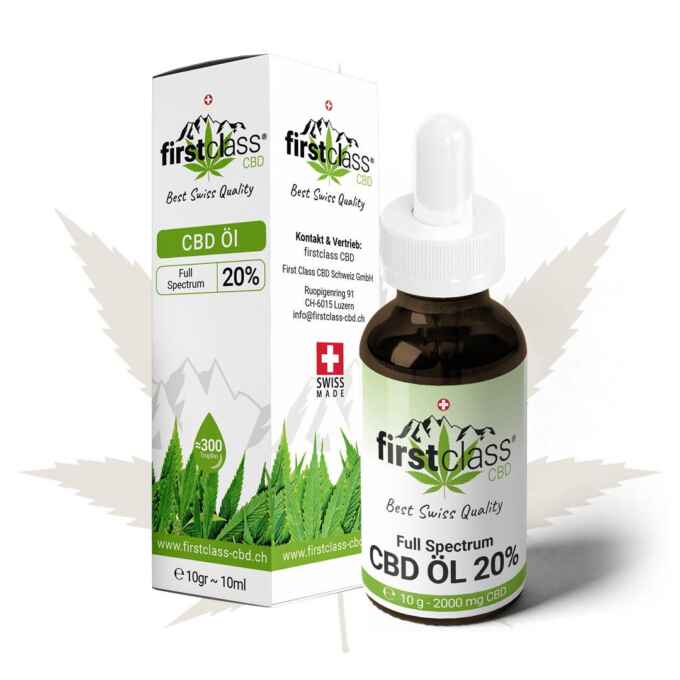 Produktbild von CBD Öl 20% mit Verpackung – erhältlich bei firstclass CBD Schweiz