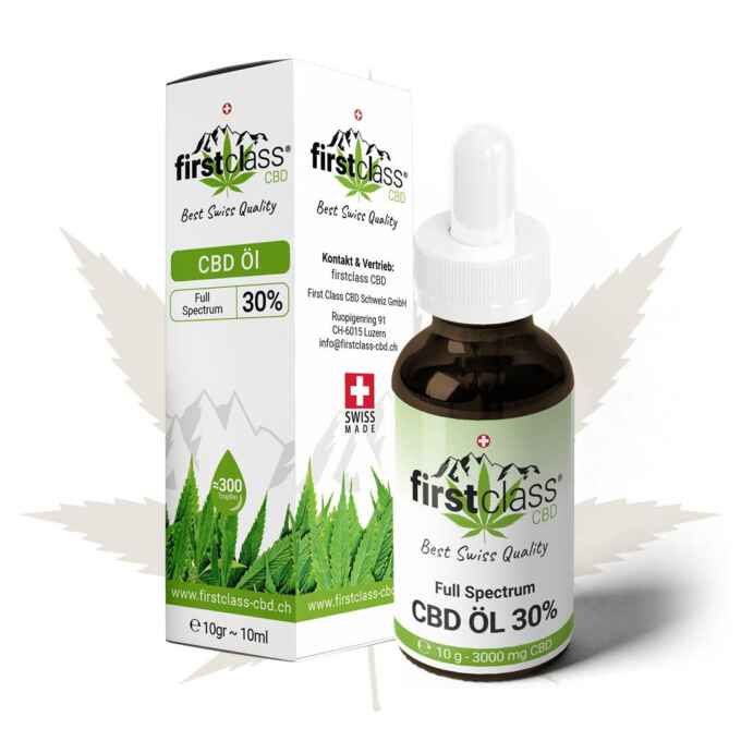 Produktbild von CBD Öl 30% mit Verpackung – erhältlich bei firstclass CBD Schweiz