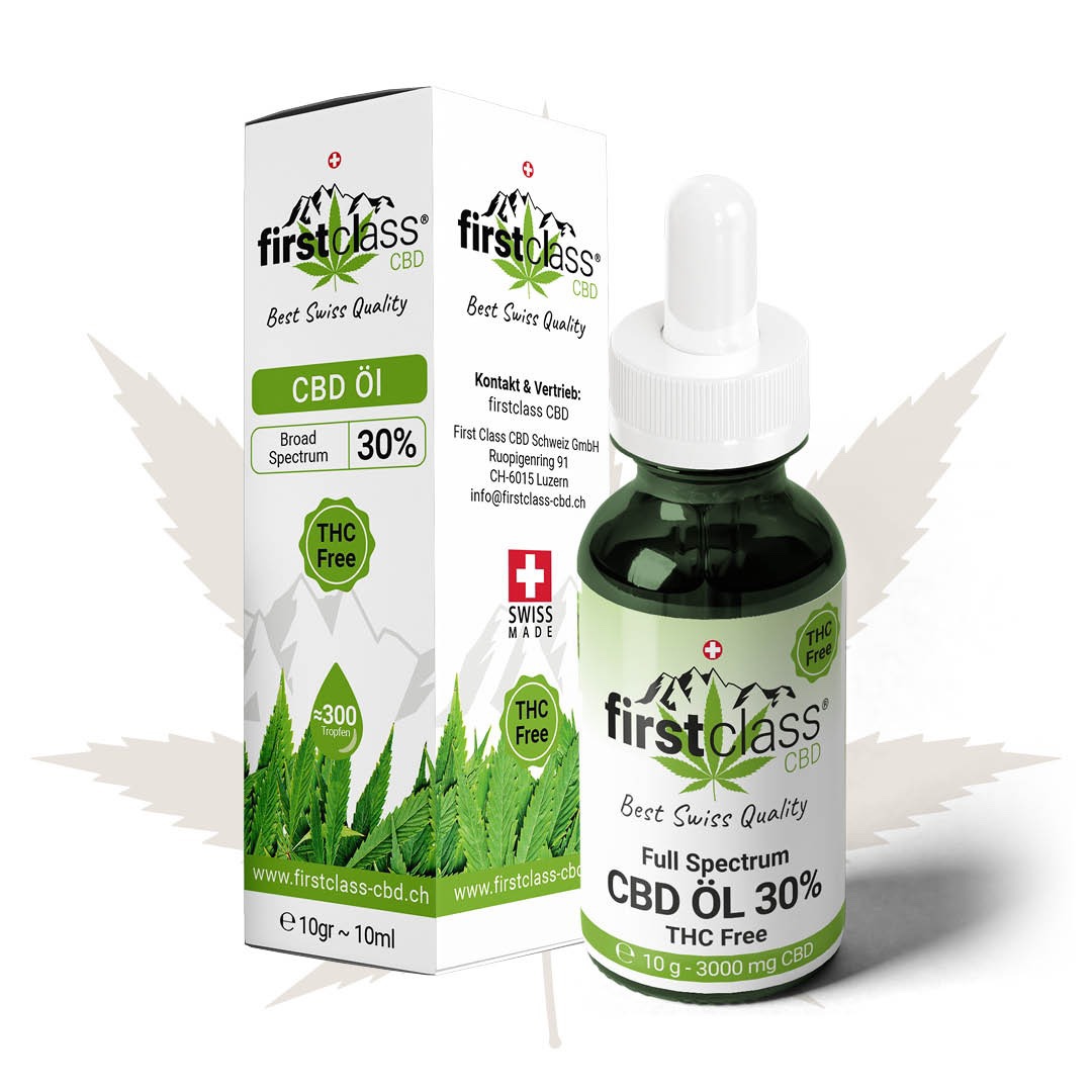 Produktbild von CBD Öl 30% thc-frei mit Verpackung – erhältlich bei firstclass CBD Schweiz