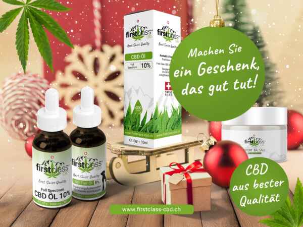 2 CBD Öl Fläschen einmal 10% und einmal 8% für Tiere – Verpackung 10% Öl und eine Dose CBD Sport Balsam schön dargestellt für die xmas Aktion mit zwei Werbeslogan