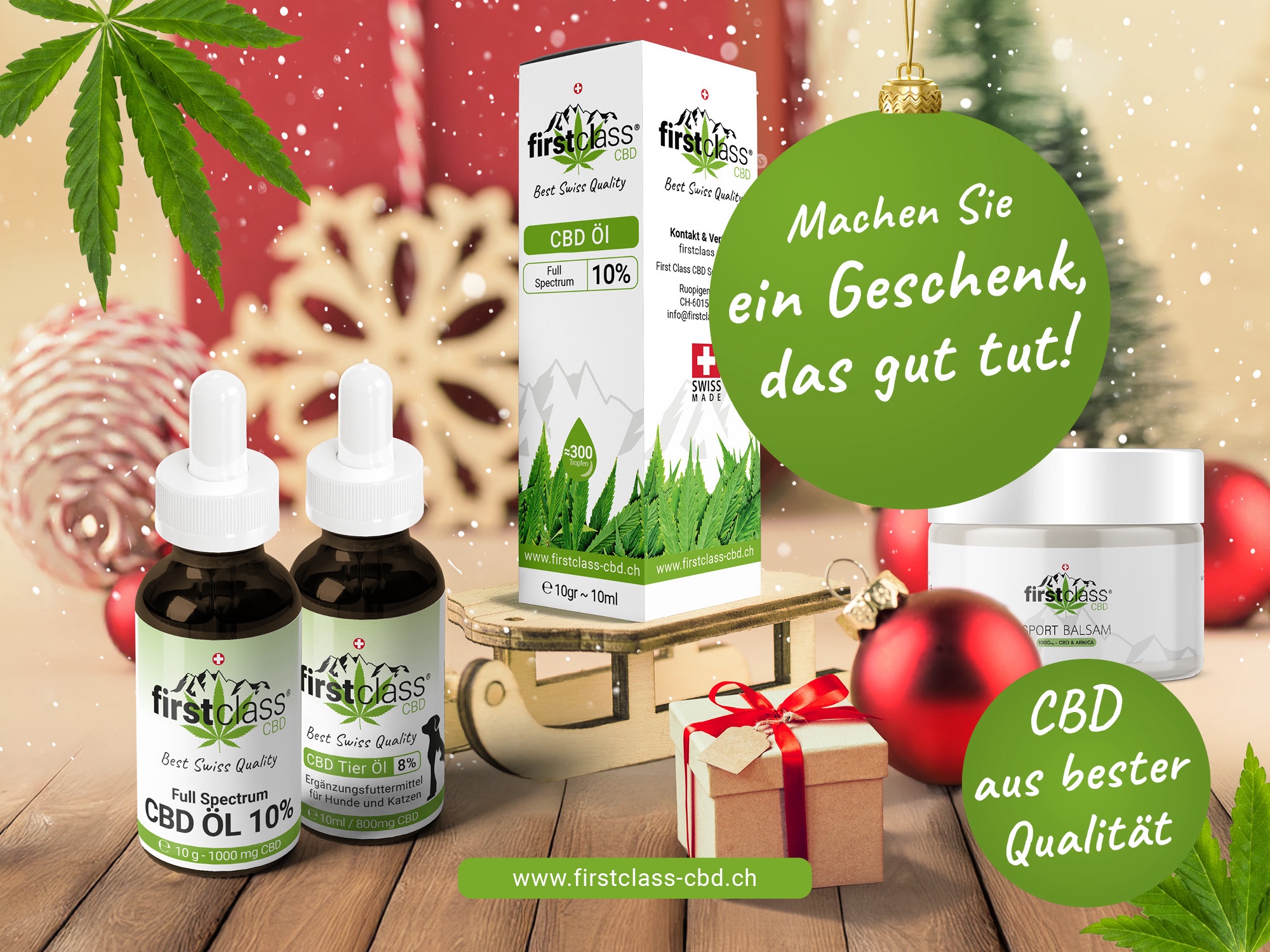 2 CBD Öl Fläschen einmal 10% und einmal 8% für Tiere – Verpackung 10% Öl und eine Dose CBD Sport Balsam schön dargestellt für die xmas Aktion mit zwei Werbeslogan
