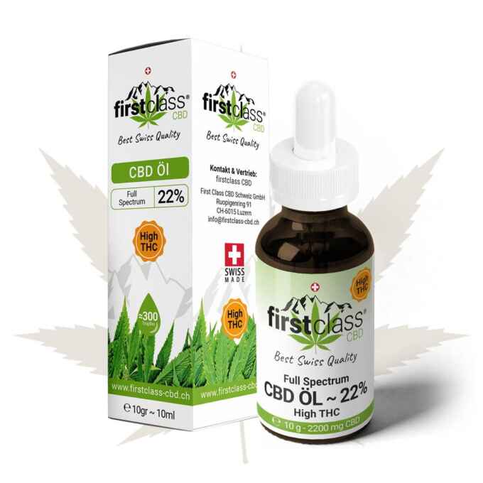 Produktbild von CBD Öl 22% high thc mit Verpackung – erhältlich bei firstclass CBD Schweiz