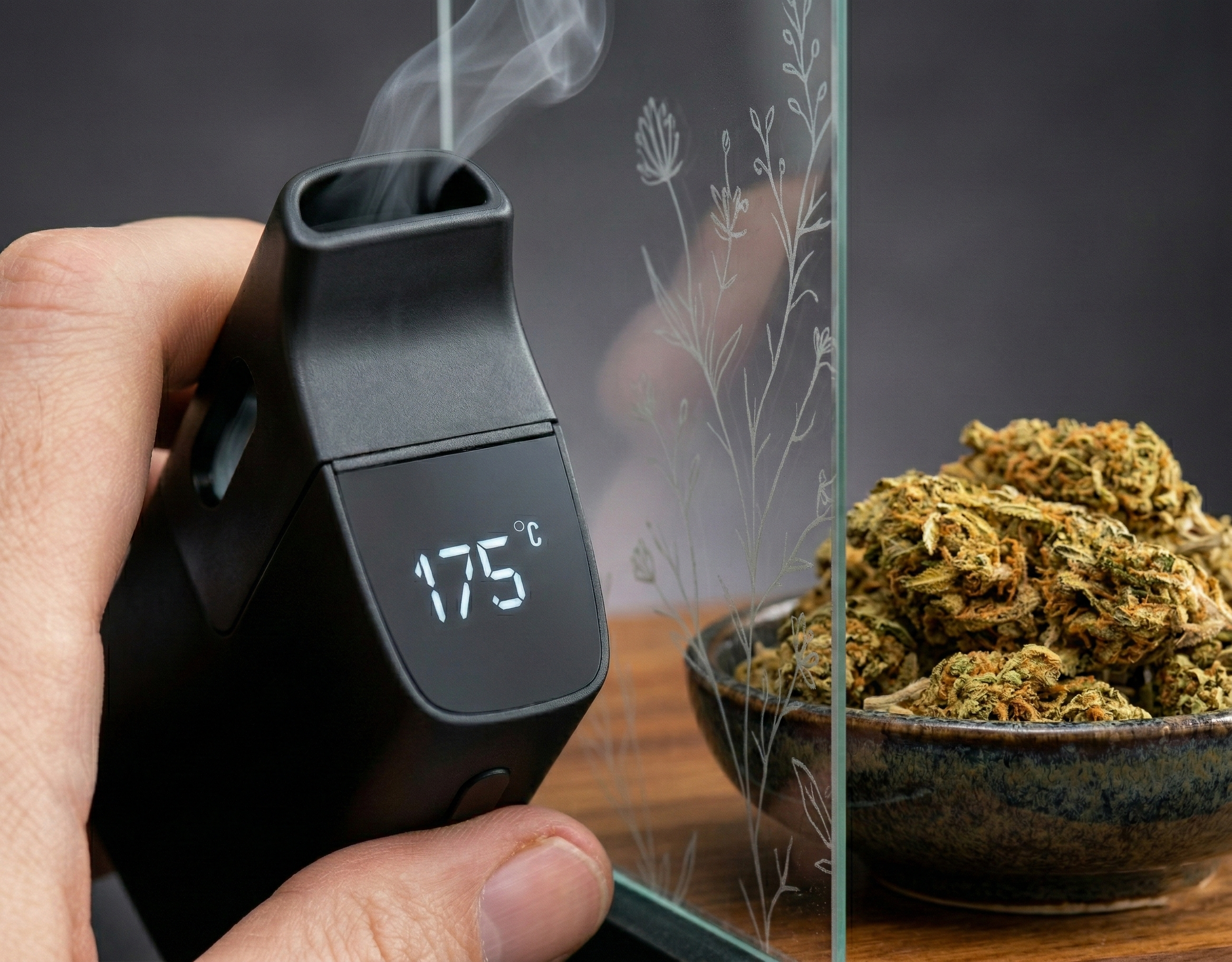 CBD-Blüte neben Vaporizer mit Temperaturanzeige 175 Grad Celsius