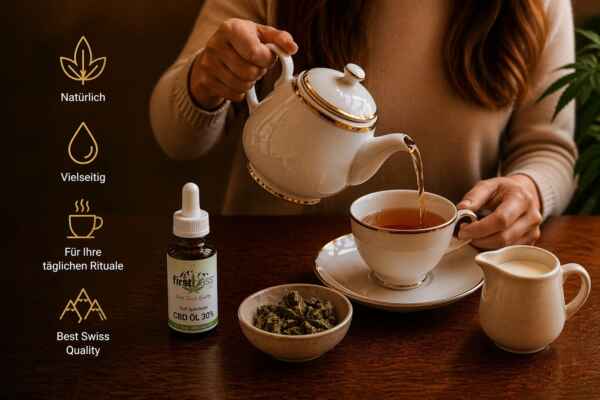 CBD Tee Zubereitung mit Öl oder Blüten in Tasse mit Milch