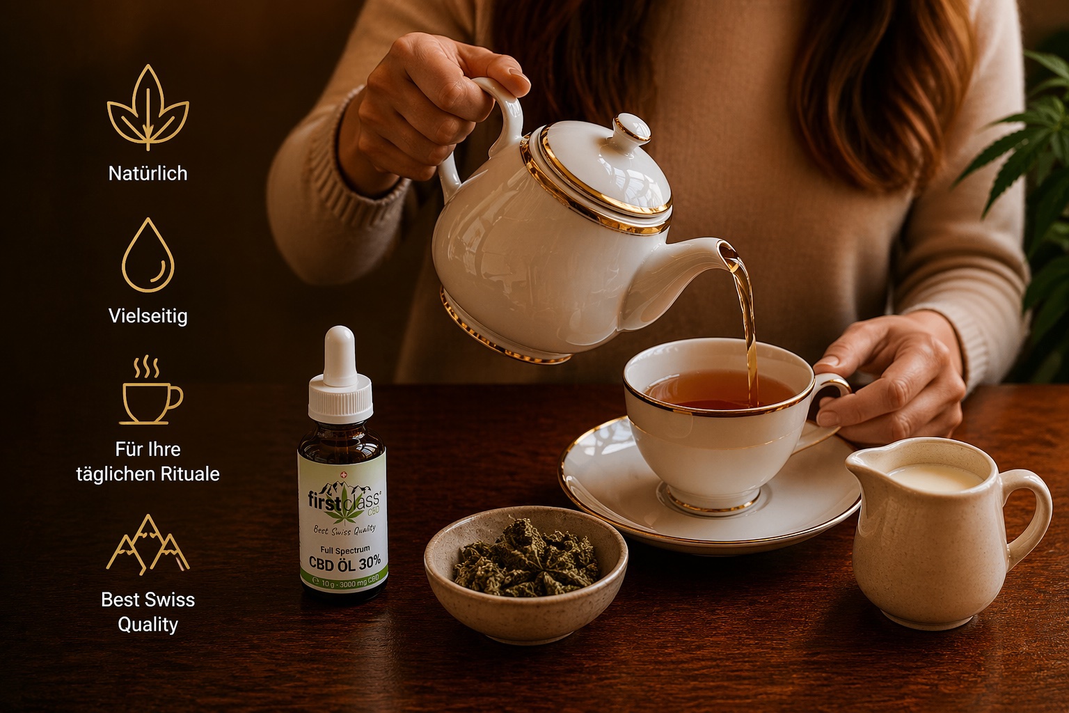 CBD Tee Zubereitung mit Öl oder Blüten in Tasse mit Milch