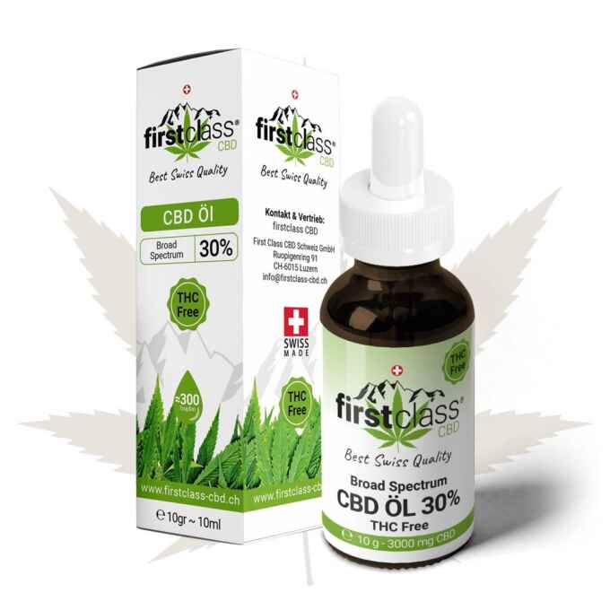 Produktbild von CBD Öl 30% thc-frei – mit Verpackung – erhältlich bei firstclass CBD Schweiz