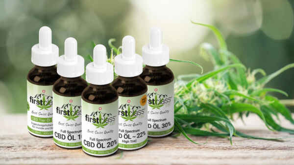 Fünf CBD Öl Flaschen von First Class CBD vor einer Hanfpflanze mit Hinweis auf einen Schweizer CBD Öl Test