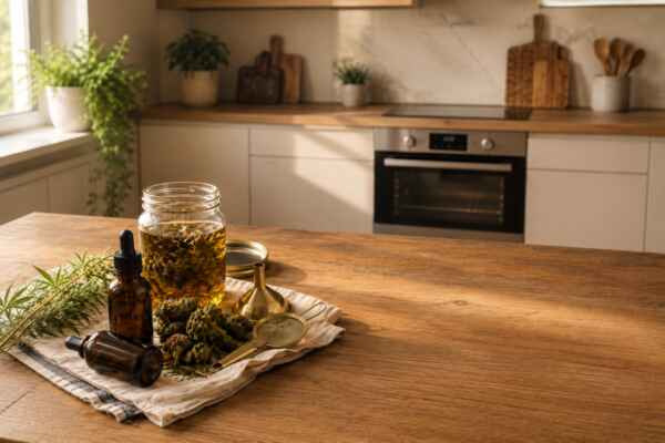 Zwei braune Tropffläschchen und ein Einmachglas mit goldenem Kräuterauszug auf dunklem Holz, daneben getrocknete Blüten und ein Sieb und Trichter, alles in einer Küche.