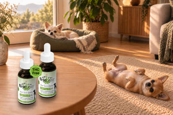 Zwei entspannte Hunde und zwei Tropfflasche 8% und 4%, Beitrag zur CBD Hund Dosierung von First Class CBD