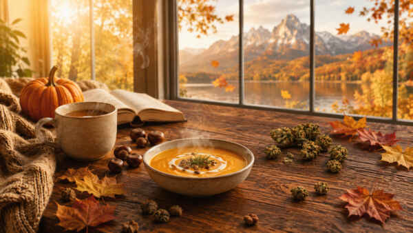 Herbstlicher Fensterplatz mit Tee, Kürbissuppe, Wolldecke und Kürbis bei warmem Nachmittagslicht