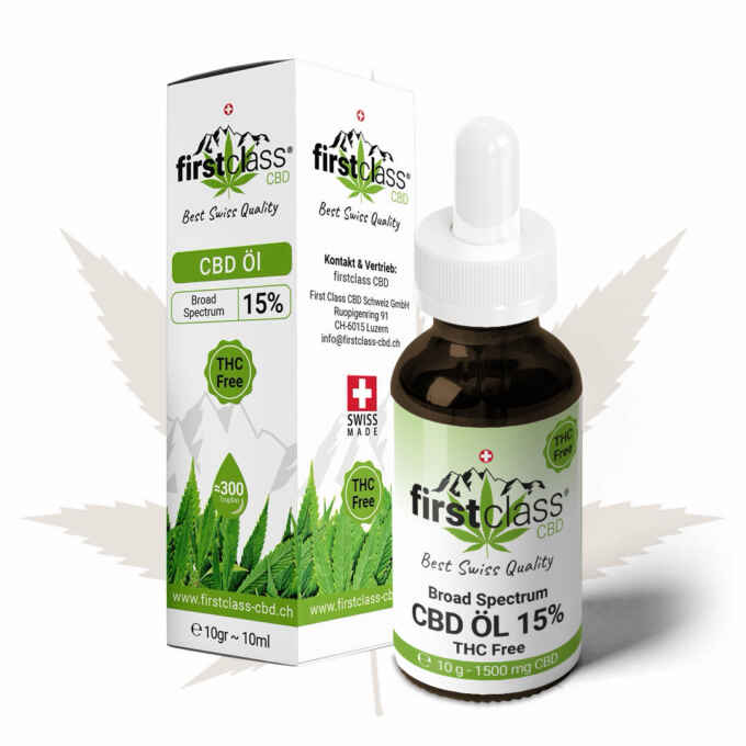 Produktbild von CBD Öl 15% THC frei mit Verpackung – erhältlich bei firstclass CBD Schweiz